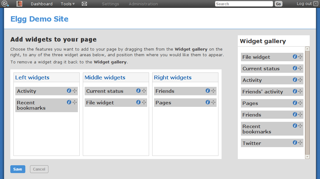 Adding your own widgets to the page (click to enlarge)