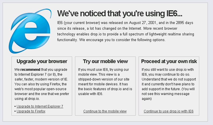 drop.io IE6 message
